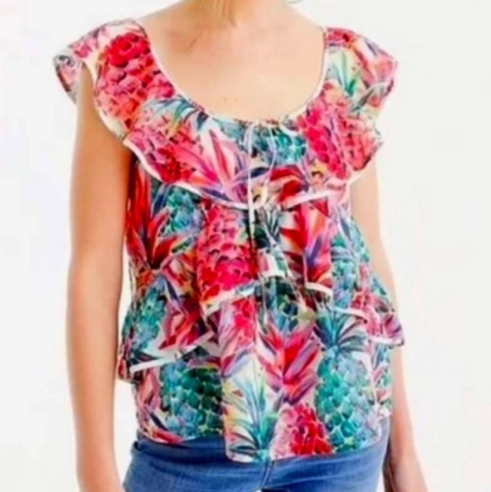 J. CREW Painted Pineapple Pink Teal Italian Ratti Print Ruffle Top